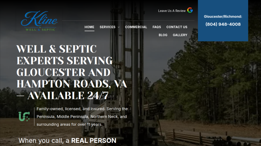 Screenshot of the Kline Well & Septic Co. website