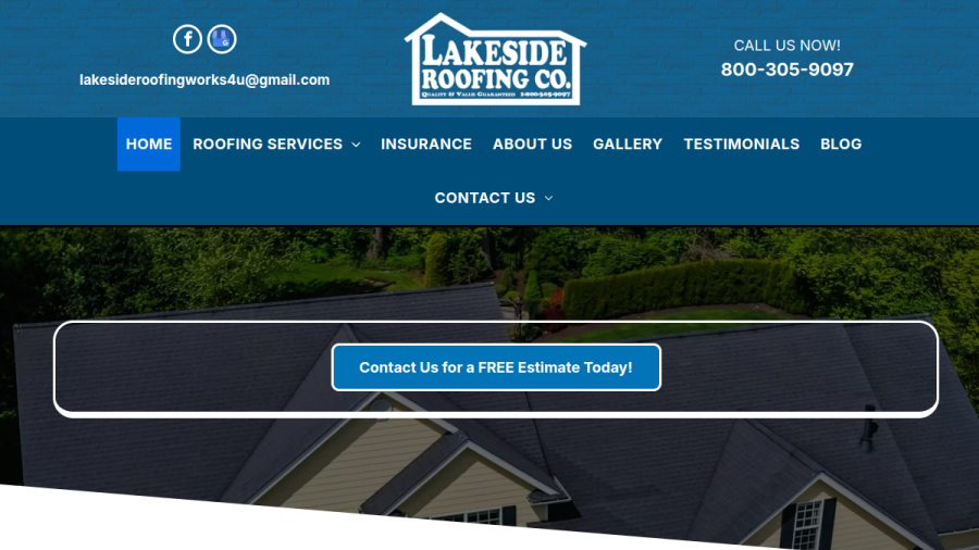 Screenshot of the Lakeside Roofing Company website