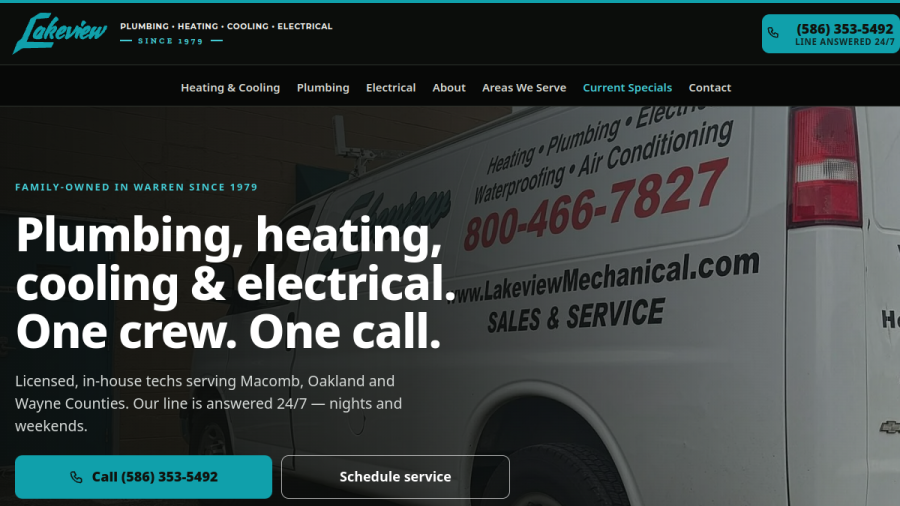 Screenshot of the Lakeview Mechanical- Heating, Plumbing & Electrical website