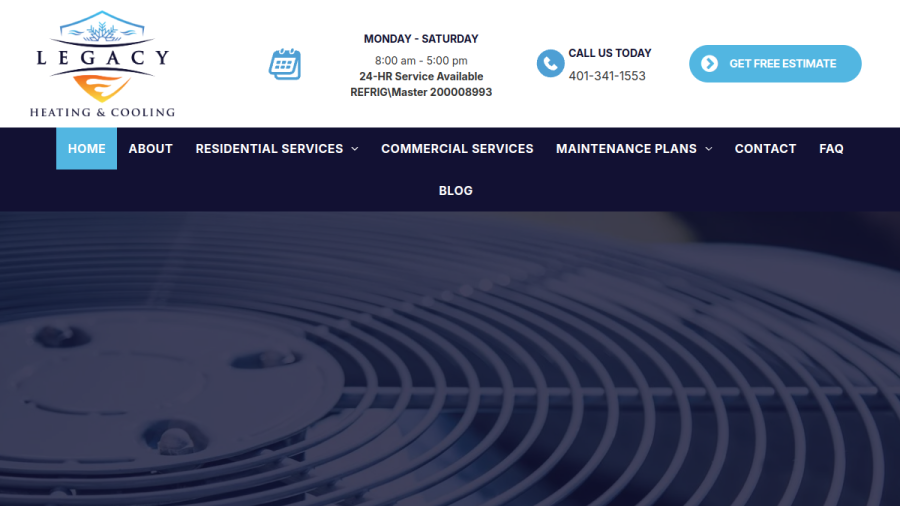 Screenshot of the Legacy Heating & Cooling website