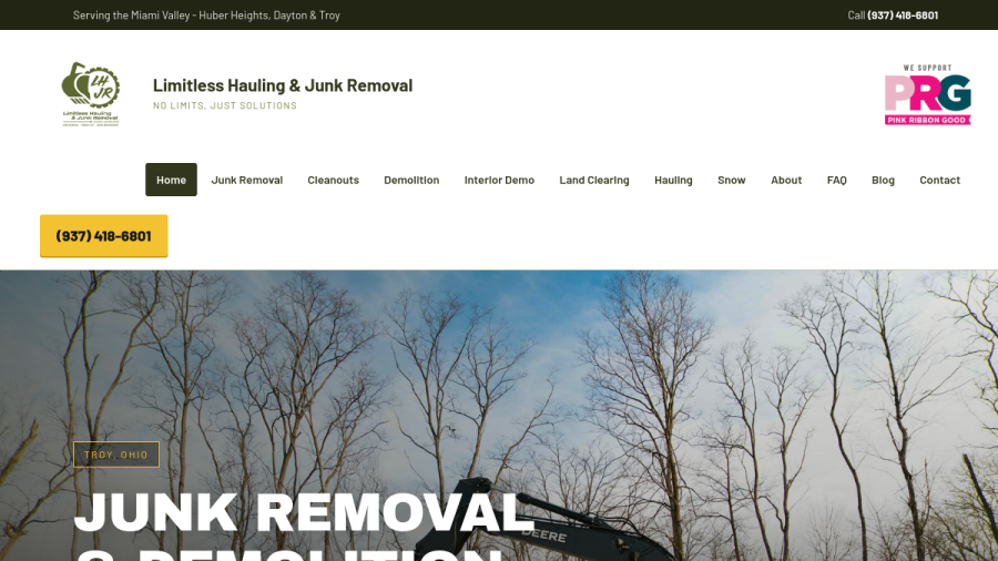 Screenshot of the Limitless Hauling & Junk Removal website
