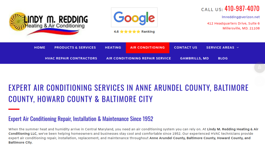 Screenshot of the Lindy M. Redding Heating and Air Conditioning LLC website