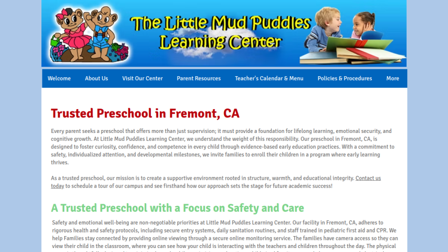 Screenshot of the Little Mud Puddles Learning Center website