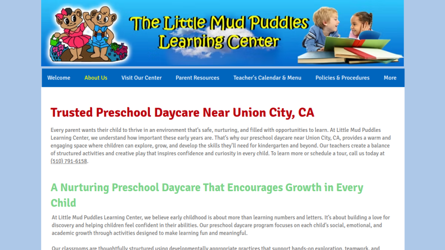 Screenshot of the Little Mud Puddles Learning Center website