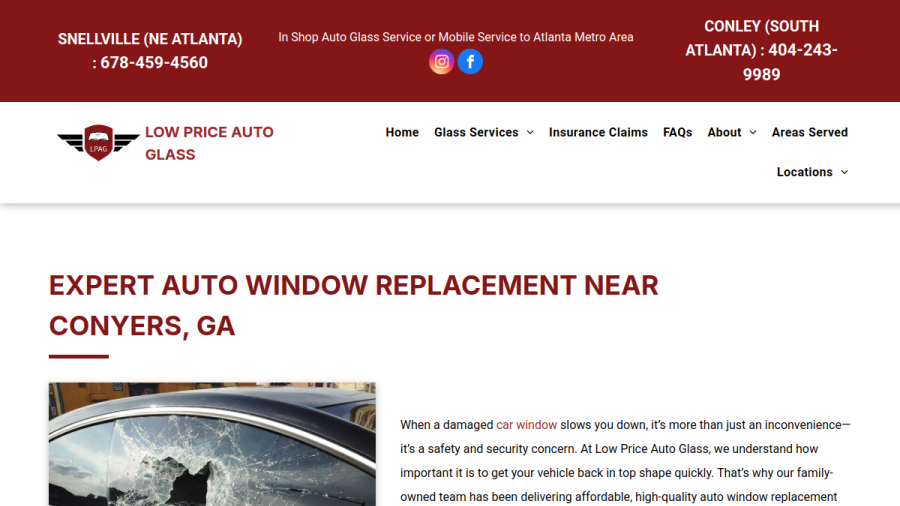 Screenshot of the Low Price Auto Glass website
