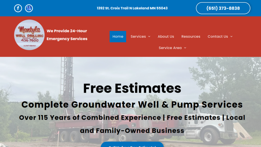 Screenshot of the Mantyla Well Drilling Inc website