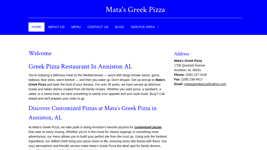 Screenshot of the Mata's Greek Pizza website