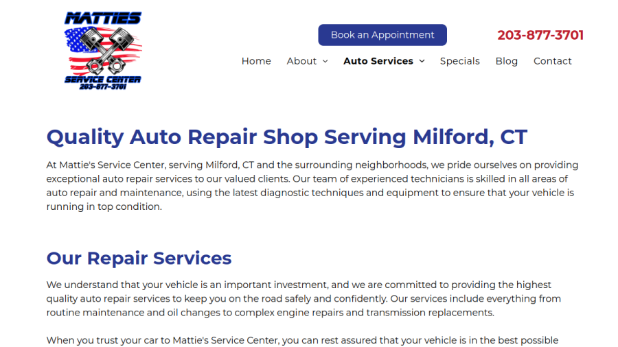 Screenshot of the Mattie's Service Center website