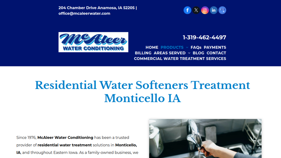 Screenshot of the McAleer Water Conditioning, Inc. website