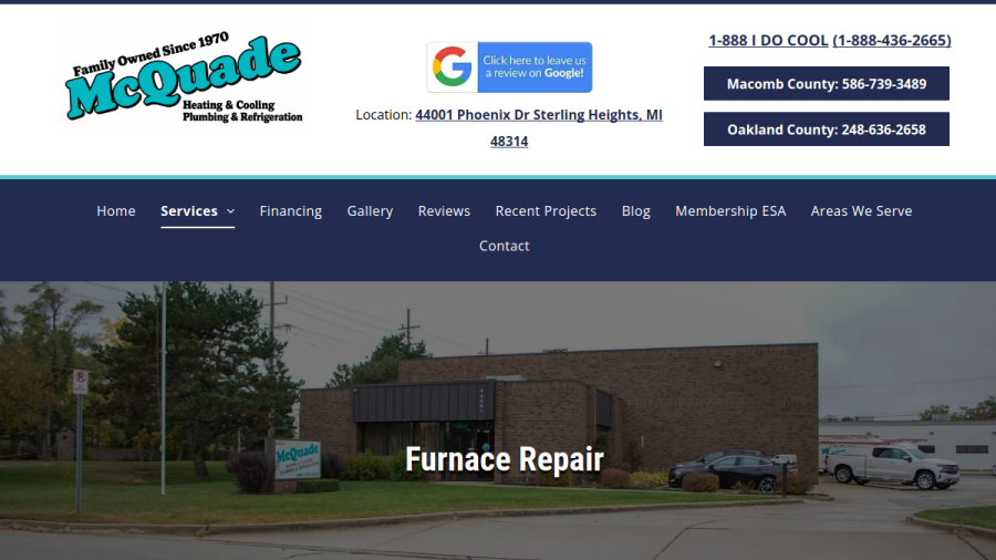 Screenshot of the McQuade Heating & Cooling Plumbing & Refrigeration website