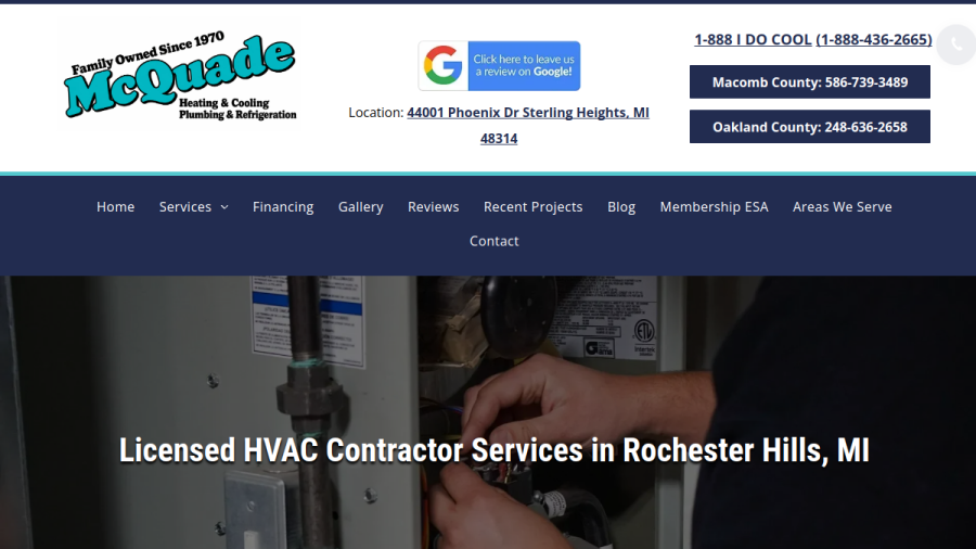 McQuade Heating & Cooling Plumbing & Refrigeration website screenshot