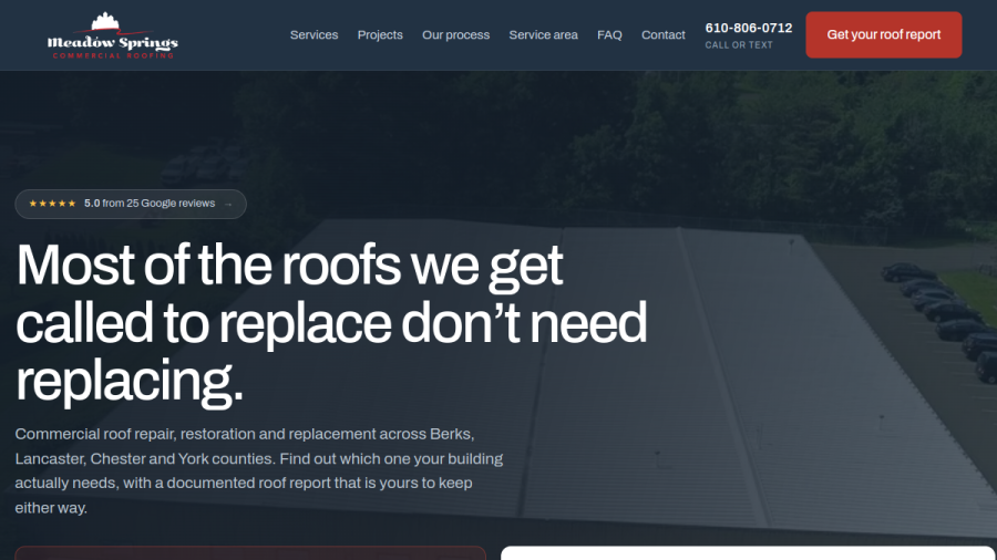 Screenshot of the Meadow Springs Commercial Roofing website