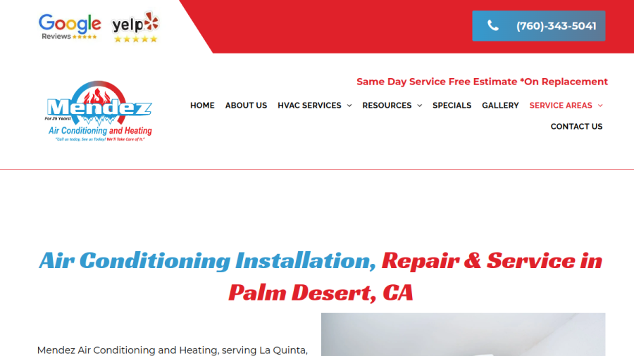 Screenshot of the Mendez Air Conditioning & Heating website
