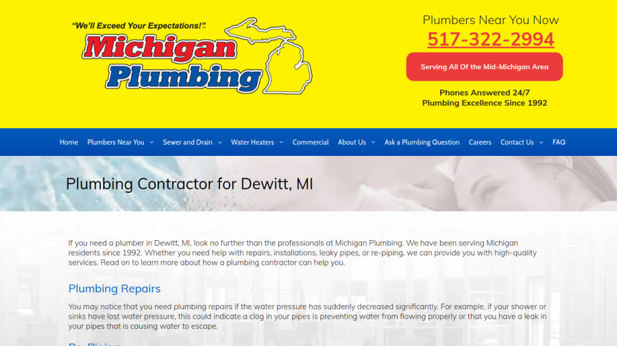Website screenshot of Michigan Plumbing