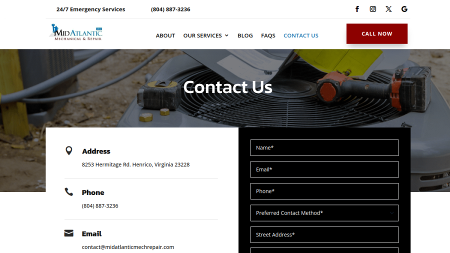 Screenshot of the Mid Atlantic Mechanical and Repair, LLC website