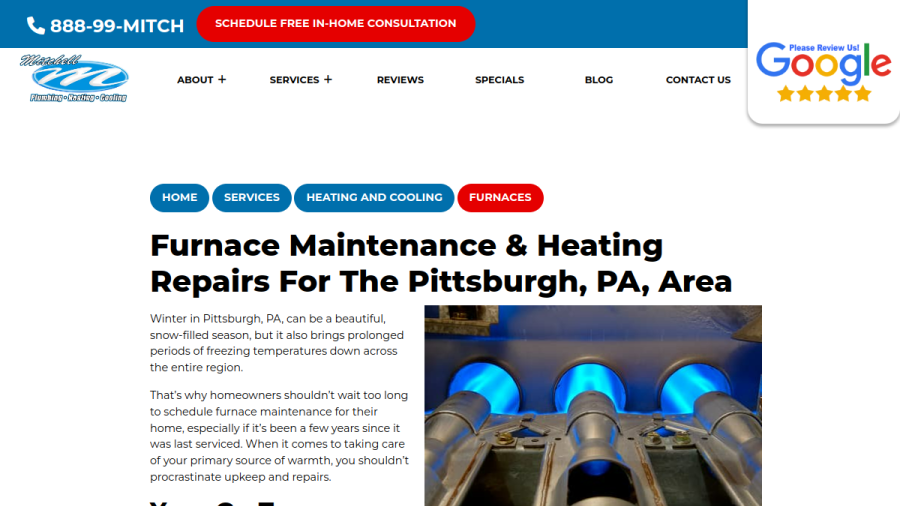 Screenshot of the Mitchell Plumbing, Heating, and Cooling website