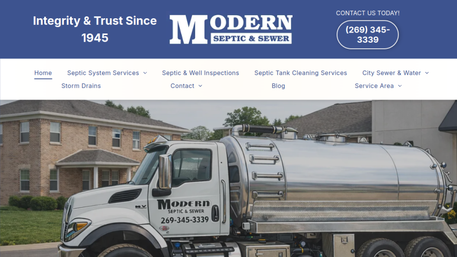 Screenshot of the Modern Septic and Sewer website