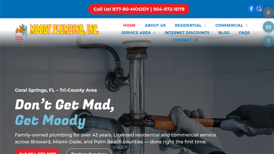 Screenshot of the MOODY PLUMBING, INC website