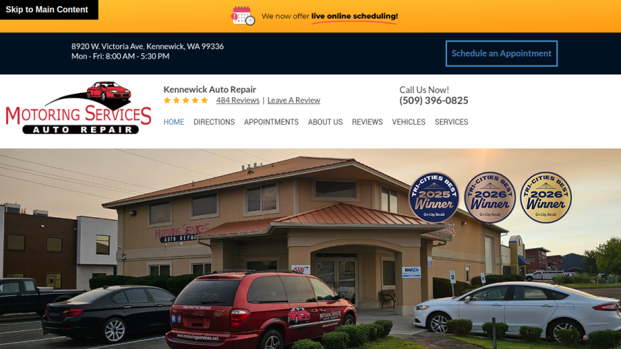Screenshot of the Motoring Services Auto Repair website