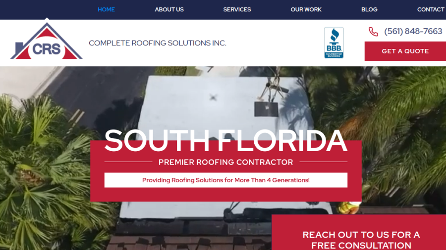 Screenshot of the Complete Roofing Solutions Inc. website