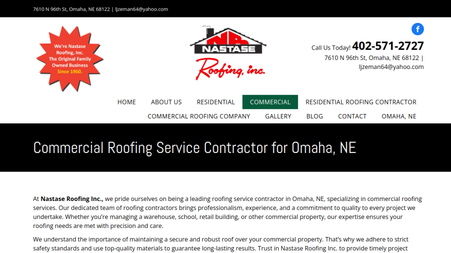 Screenshot of the Nastase Roofing website