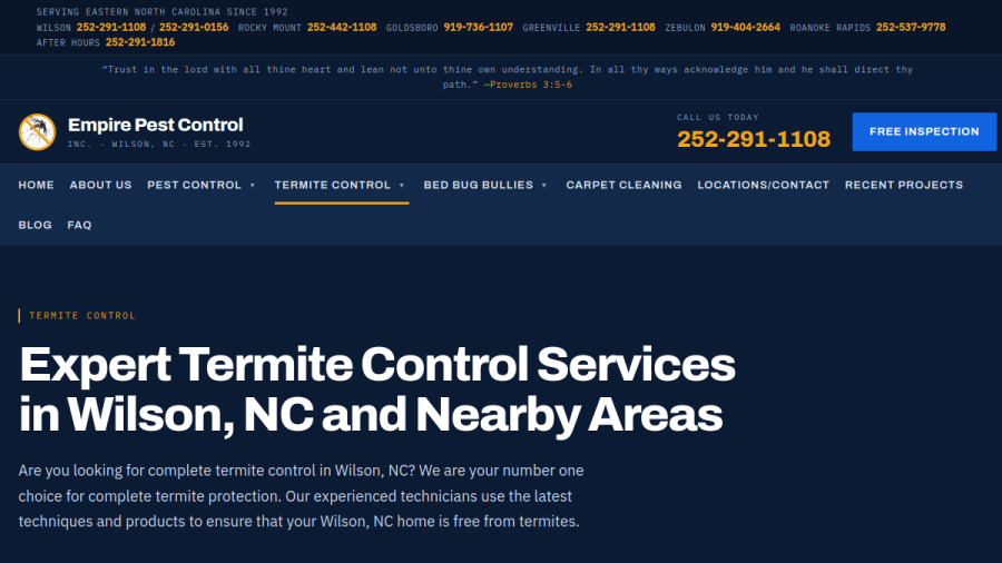 Screenshot of the Empire Pest Control Inc. NC website