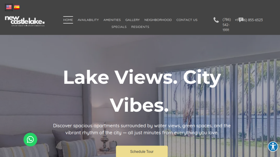 Screenshot of the New Castle Lake Waterfront Apartments website