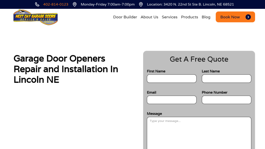 Screenshot of Next Day Garage Doors website