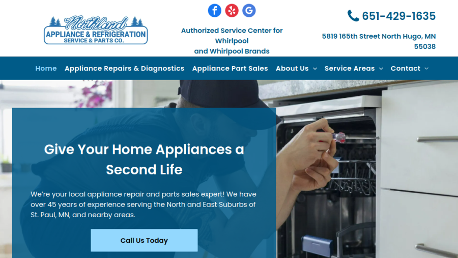 Screenshot of the Northland Appliance & Refrigeration Svc & Parts website