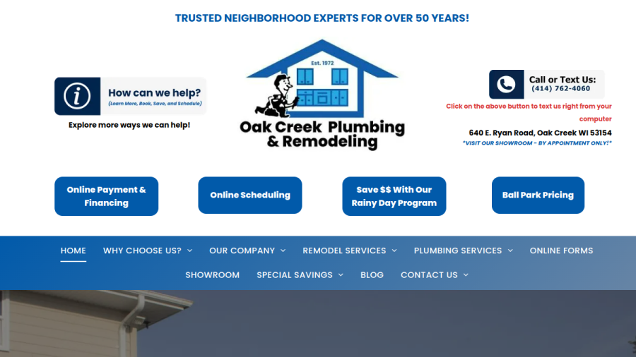 Screenshot of the Oak Creek Plumbing and Remodeling website