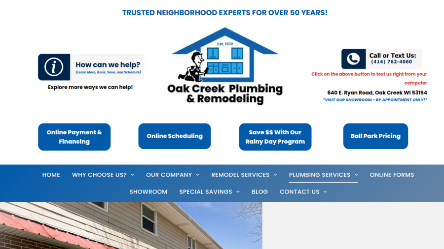 Screenshot of the Oak Creek Plumbing and Remodeling website