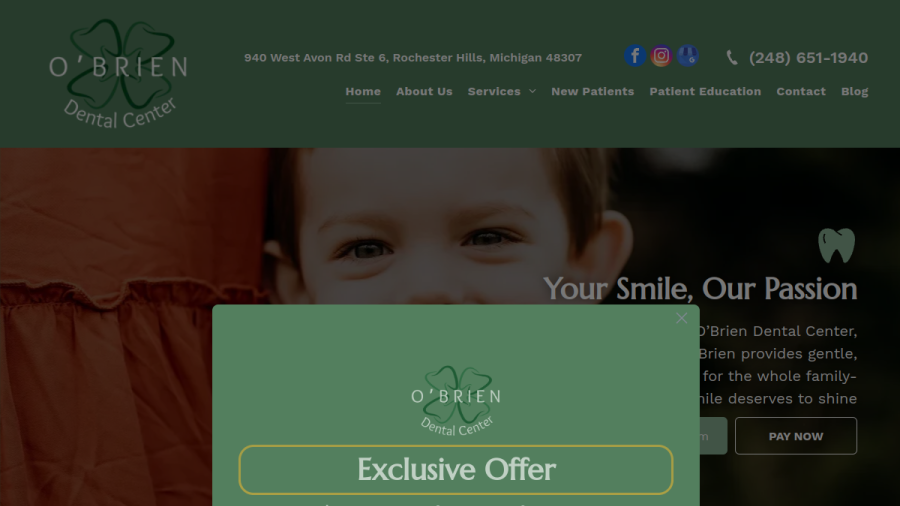 Screenshot of the O'Brien Dental Center website