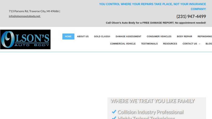 Screenshot of the Olson's  Auto Body website