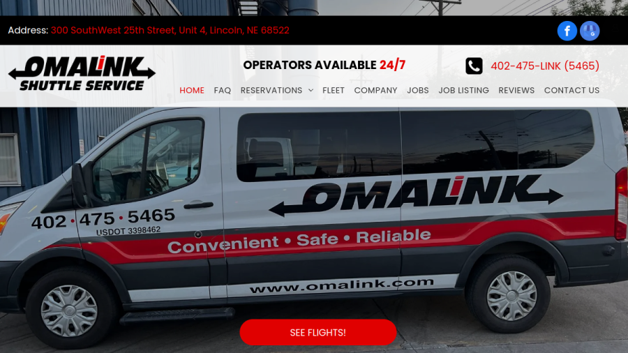 Screenshot of the OMALiNK Airport Shuttle Charter & Town Car Service website
