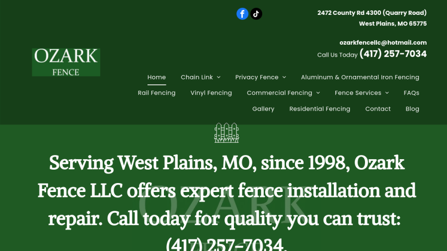 Screenshot of the Ozark Fence LLC website