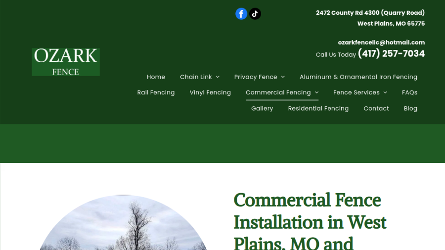 Screenshot of the Ozark Fence LLC website