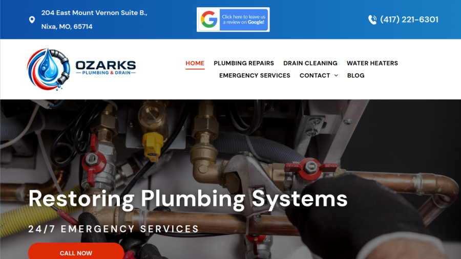 Website screenshot of Ozarks Plumbing & Drain Inc