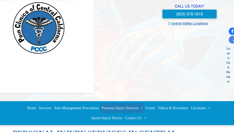Website screenshot of Pain Clinics of Central California