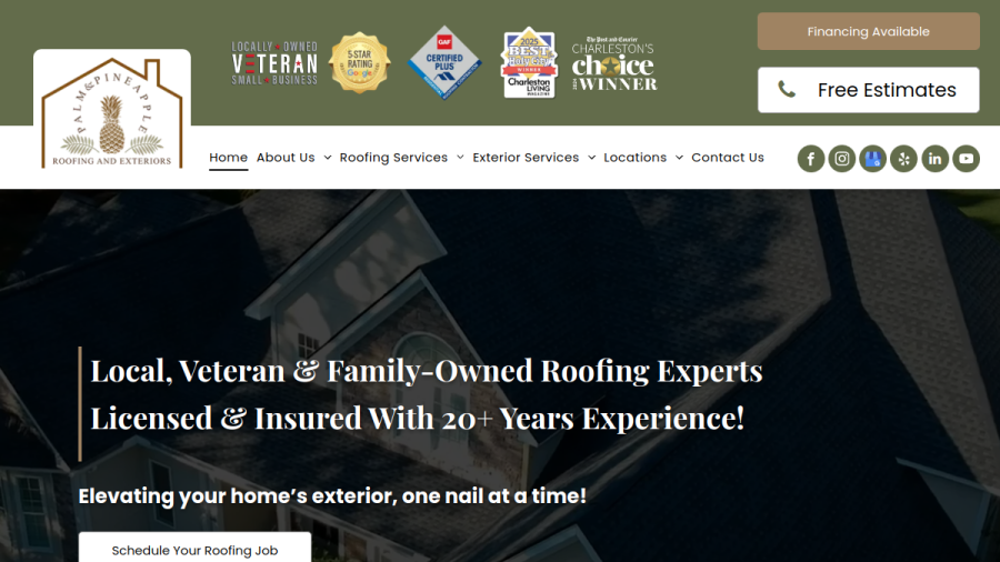 Screenshot of the Palm & Pineapple Roofing and Exteriors website