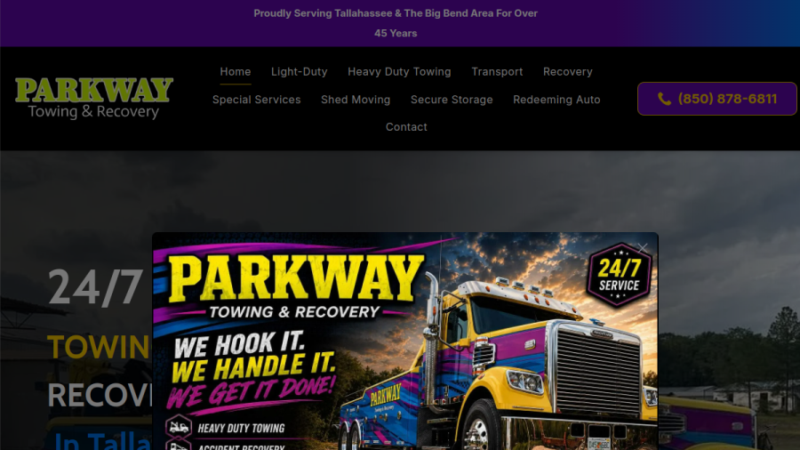 Screenshot of the Parkway Wrecker Service website