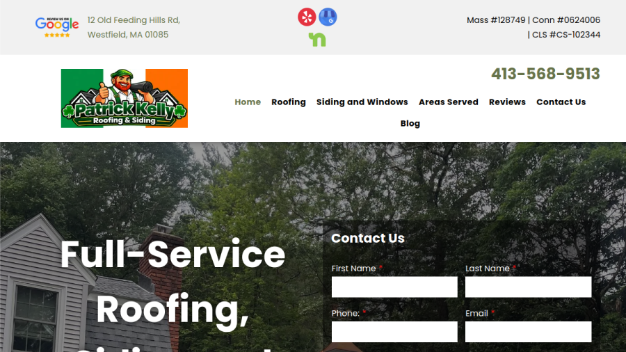 Screenshot of the Patrick Kelly Roofing & Siding website