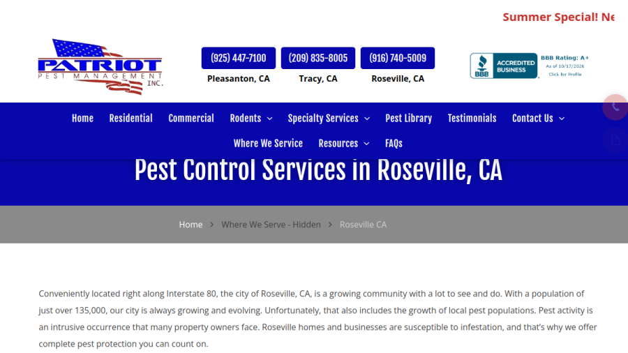 Screenshot of the Patriot Pest Management, Inc website