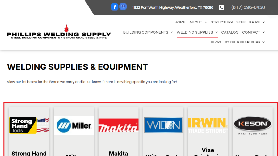 Website screenshot of Phillips Welding Supply Inc