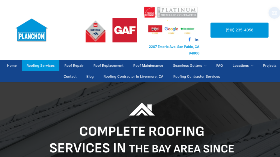 Screenshot of the Planchon Roofing website