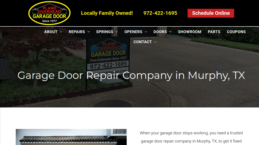 Screenshot of the Plano Overhead Garage Door website