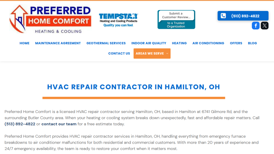 Screenshot of the Preferred Home Comfort Heating and Cooling website