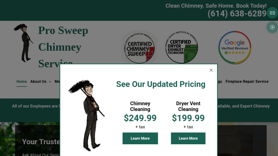 Screenshot of the Pro Sweep Chimney Service website