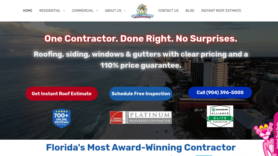 Screenshot of the Quality Discount Roofing & Construction website