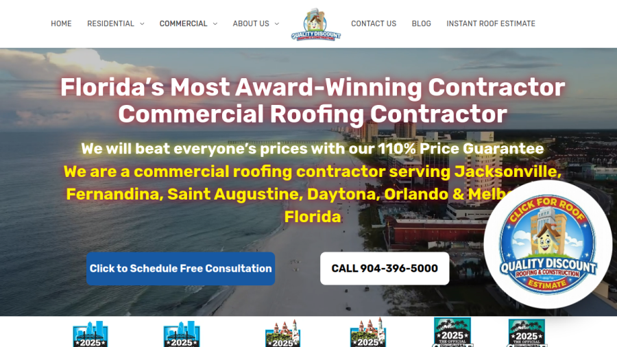 Screenshot of the Quality Discount Roofing & Construction website