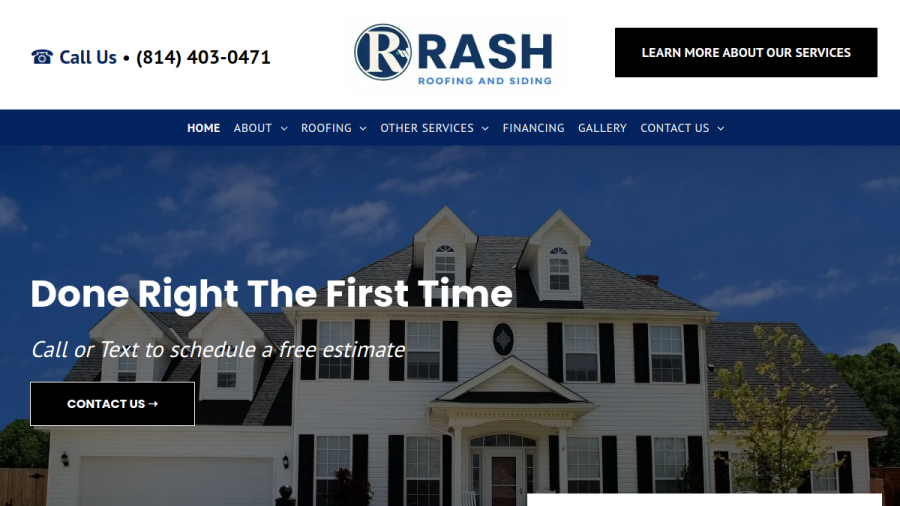 Screenshot of Rash Roofing & Siding website